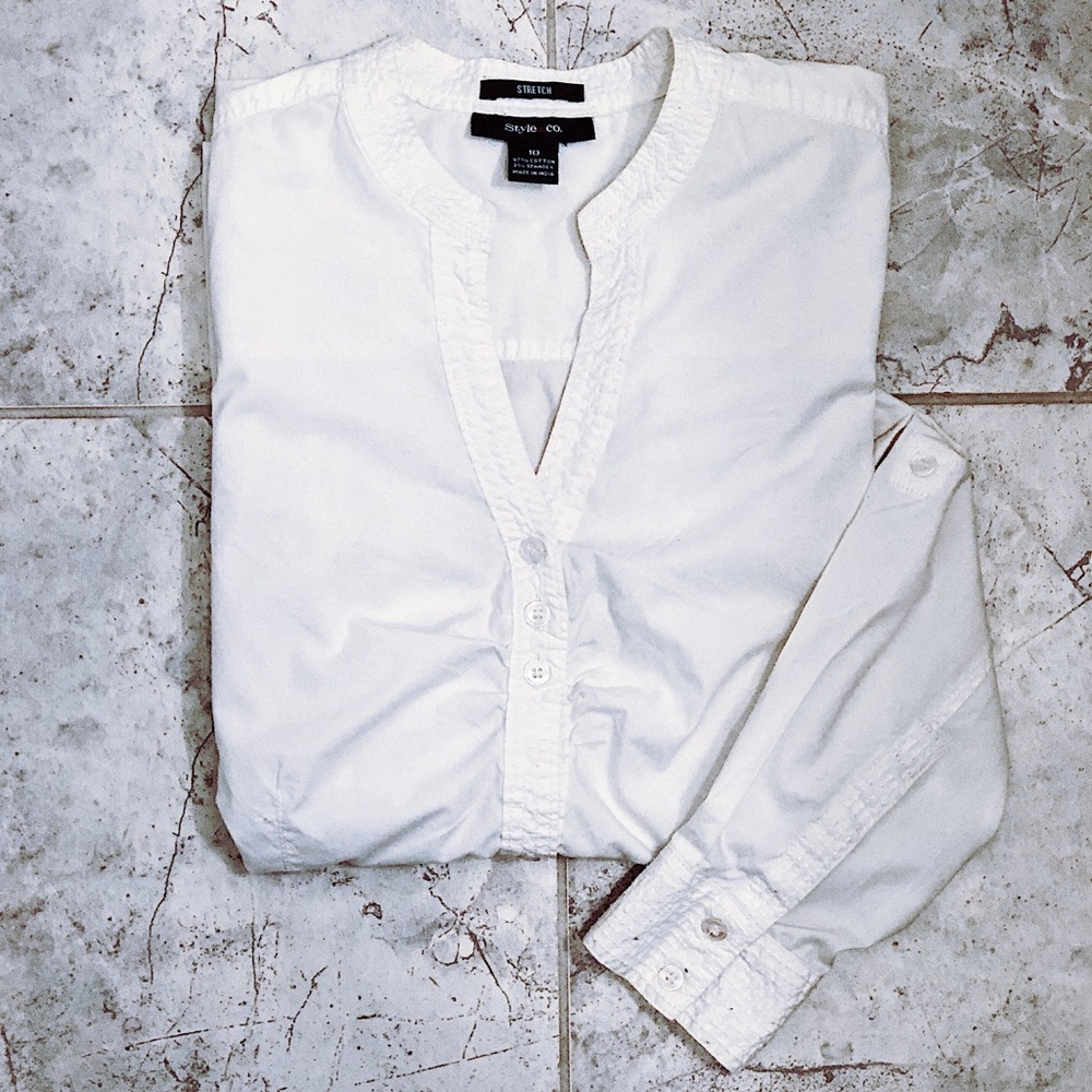 👚Clear White Button Down Shirt Roll-Tab Sleeves👚